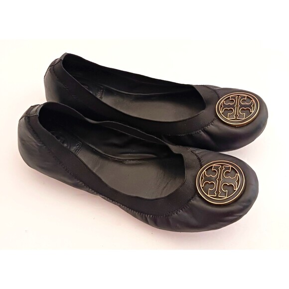 Tory Burch Caroline Blk Leather Ballet Flat Gold Enamel Logo Stretch Top 6.5M - Picture 2 of 9